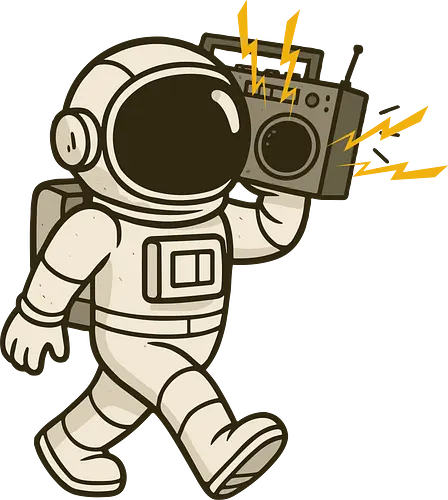 Astronaut with stereo - astronaut, boombox, music, space, walking, retro, cartoon, fun, gray, character