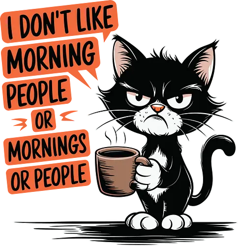 I don't like morning people or mornings or people - cat, morning, coffee, grumpy, humor, cartoon, text, steaming, mug, displeased