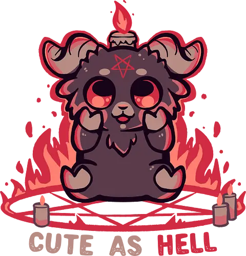Feeling Cute as Hell - Baphomet, süßer Baphomet, Kawaii Gothic, okkulte Ästhetik, schwarzer Humor, Gothic Chibi, hexenhaft, alternativ, Flammen, Feuer, Pastell Gothic, satanisch aber süß, lustiger Dämon, Ziege, böse Ziege