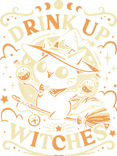 Drink Like a Witch - black cat, drink up witches, halloween, broomstick, cute animals, kawaii, humor, fall season, trick or treat, magic, kitten, occult, spooky, gothic, witchcraft