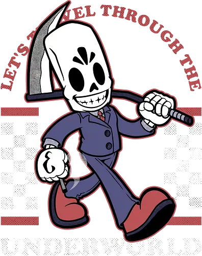 Game Mascot Travel Reaper - Video Games, Video Game, Game, Games, Gamer, Mascot, Retro, Vintage, Retro Vintage, Retro Gamer, Retro Cartoon, Fantasy, Adventure, Classic, Death, Grim Reaper, Soul Reaper, Skull, Skeleton, Investigate, Investigation, Noir
