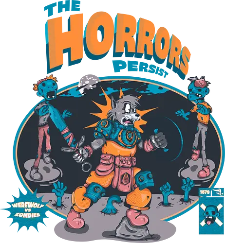 Der Schrecken hält an - Lykaner-Kraft, Retro-Stil, Werwolf, Zombie-Apokalypse, verfluchte Nacht, dunkle Kunst, Vollmondwut, lustiger schwarzer Humor, Horrorkunst Der Schrecken hält an - Lykaner-Kraft, Retro-Stil, Werwolf, Zombie-Apokalypse, verfluchte Nacht, dunkle Kunst, Vollmondwut, lustiger schwarzer Humor, Horrorkunst