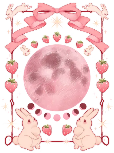 Strawberry Moon - kawaii, pastel, bunnies, strawberry, moon phases Strawberry Moon - kawaii, pastel, bunnies, strawberry, moon phases