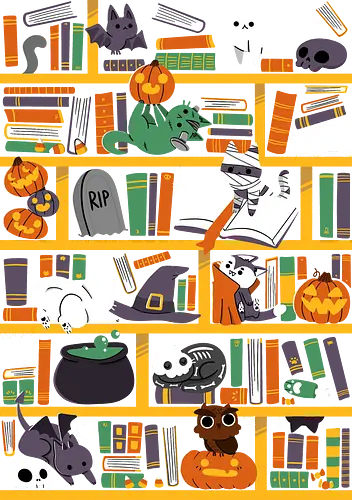 Halloween Library - buch, bücher, Bücherei, cat, katze, halloween, monster, pumpkin, kürbis